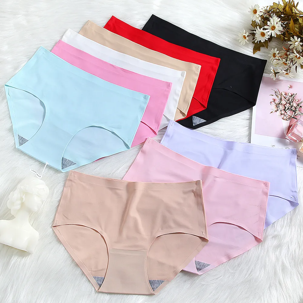 Women's Seamless Ice Silk Panties Plus Size Mid Waist Sport Briefs Breathable Solid Color Underwear For Lady Comfortable Nylon Lingerie