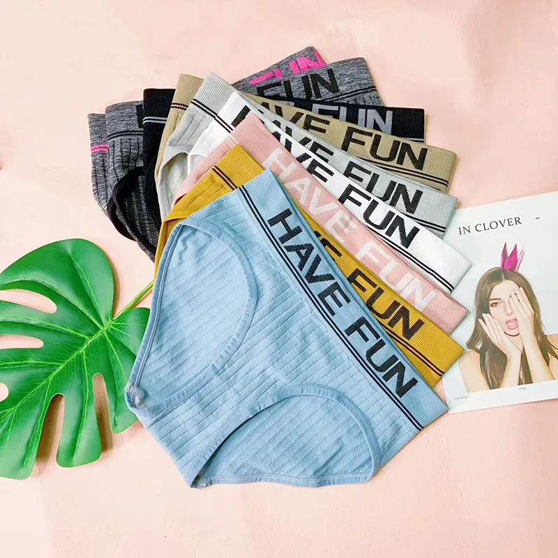 Women Low Waist Ribbed Triangle Panties Sporty Letter Waistband Nylon Breathable Solid Color Underwear Lingerie Slim Briefs