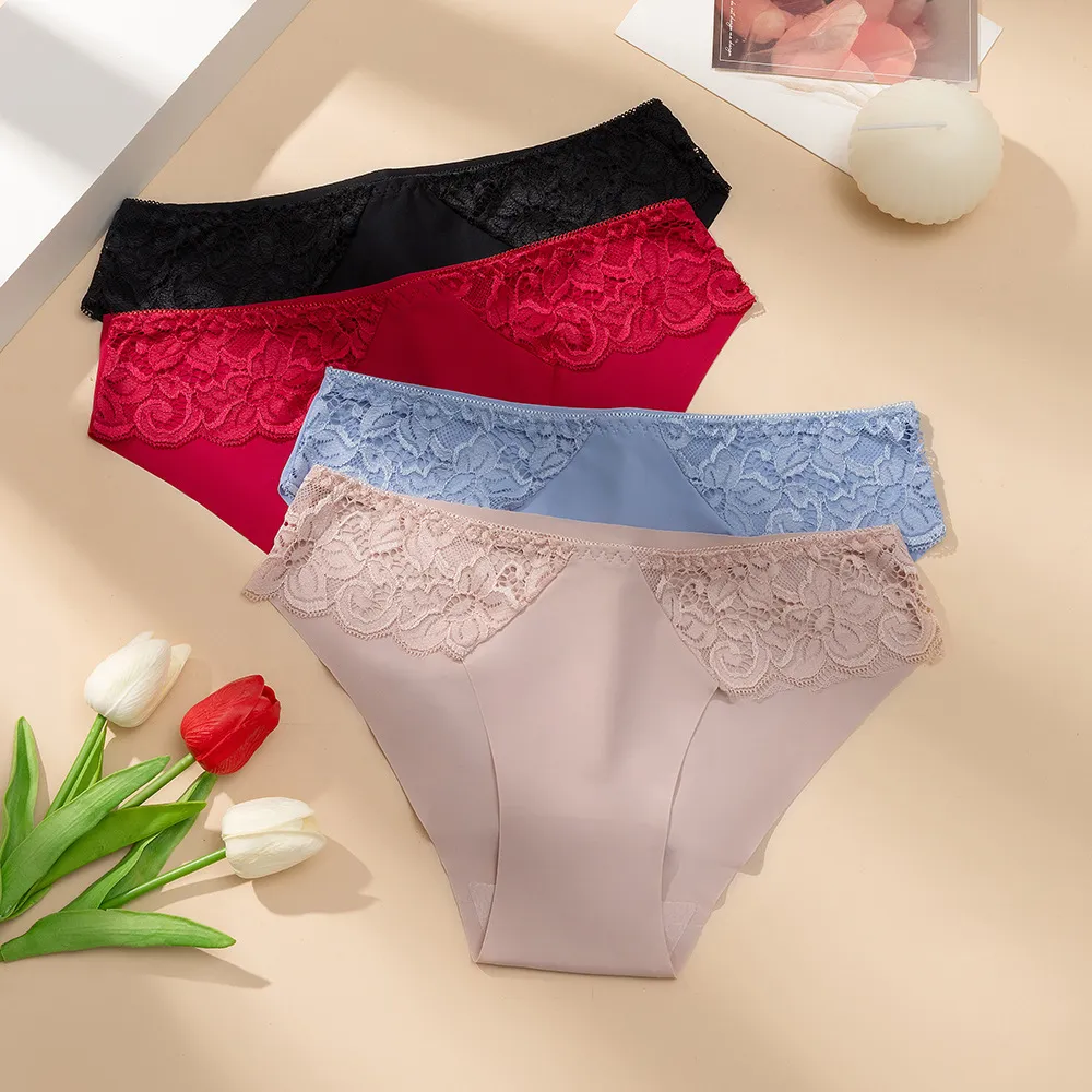 Women Seamless Lace Patchwork Panties Sexy Floral Low Waist Breathable Briefs Nylon Hollow Out Lingerie For Ladies Everyday