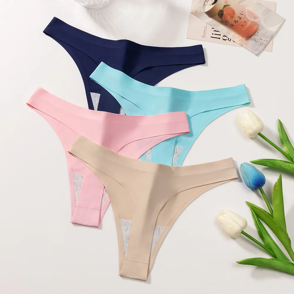 Dames Naadloze Sexy Effen Kleur String Ijszijde Ademend Lage Taille Sportieve Slip Uit één Stuk T-Back Ondergoed Grote Maat Lingerie
