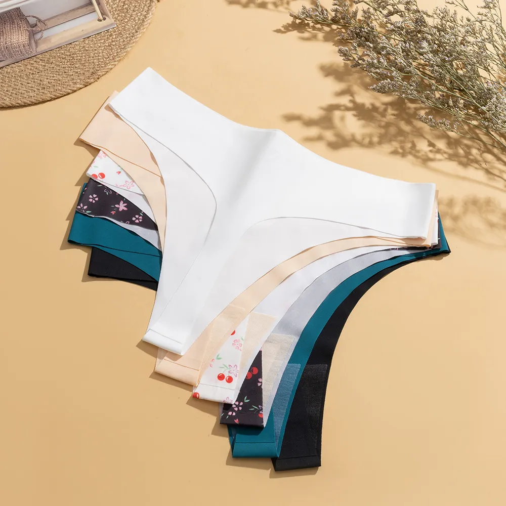 Women Sexy Ice Silk Seamless Thong Low Waist Cherry Printed T-Back Panties European Size Breathable Lingerie Briefs For Ladies