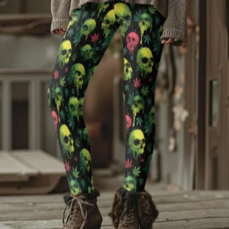 Leggings da Donna a Vita Alta con Stampa Teschio e Rosa Pantaloni da Yoga Gotici Elastici Slim Fit Fashion Sport
