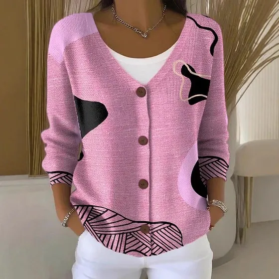 Women V Neck Button Long Sleeve Cardigan 3D Printed Loose Fashion Sweater Jacket Outerwear Casual Daily Autumn Winter Knit Tops