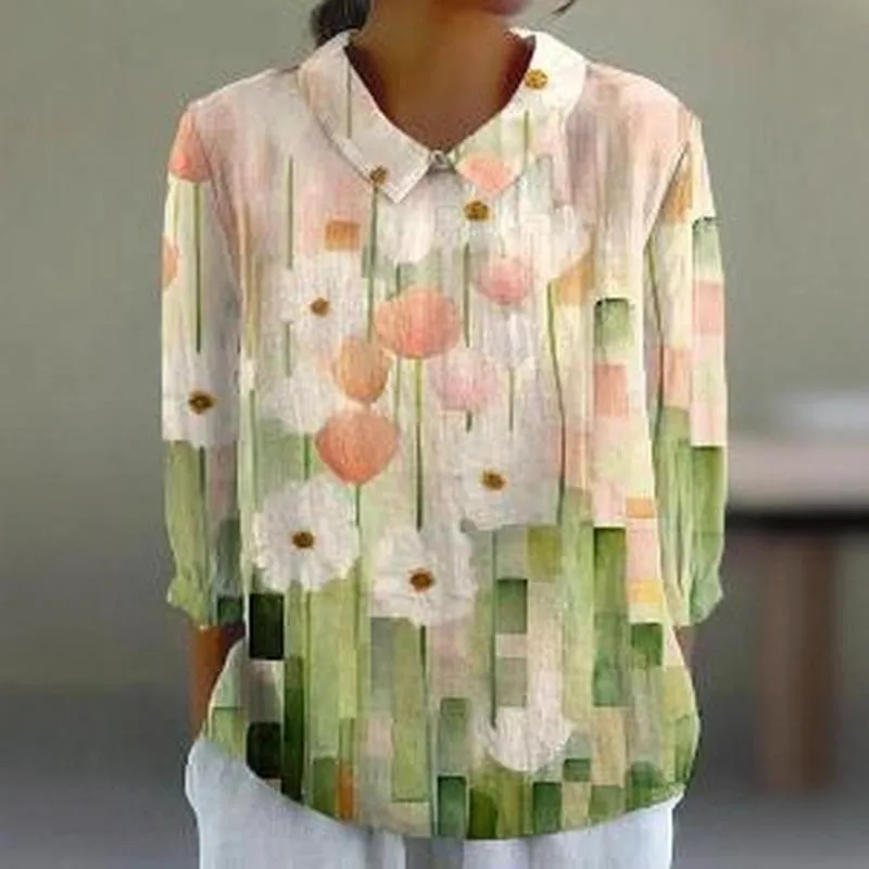 Women Vintage Digital Printed Long Sleeve Lapel Top Casual Polyester 3D Graphic Tee Shirt Retro Fashion Streetwear Clothing For Spring Fall