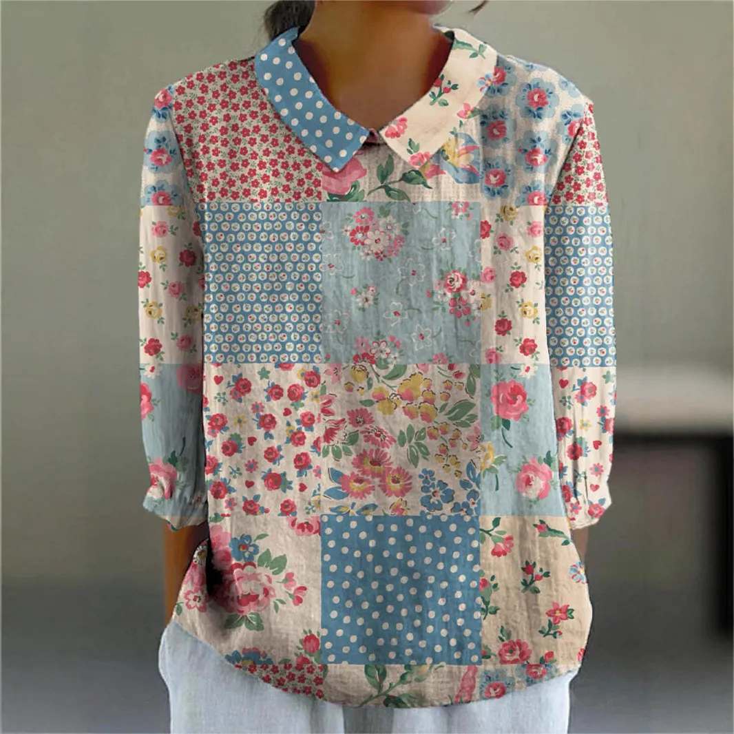 Damen 3D Digitaldruck Langarm Revers Top Vintage Blumen Patchwork Karo Bubble Crepe Casual Bluse Retro Stil Hemd