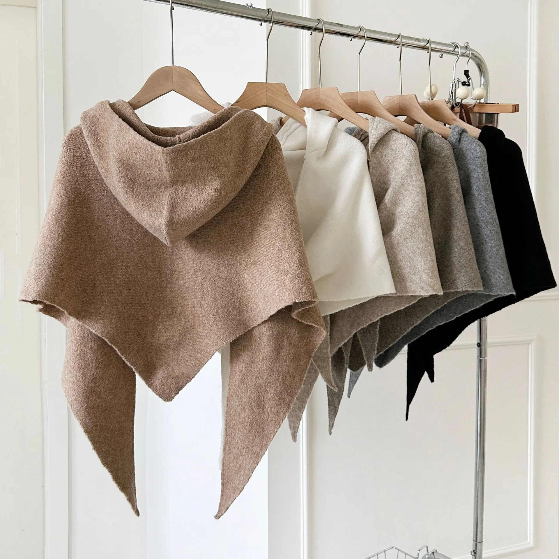 Womens Solid Color Hooded Knitted Shawl Cape Autumn Winter Warm Polyester Blend Poncho Fashion Outerwear Scarf