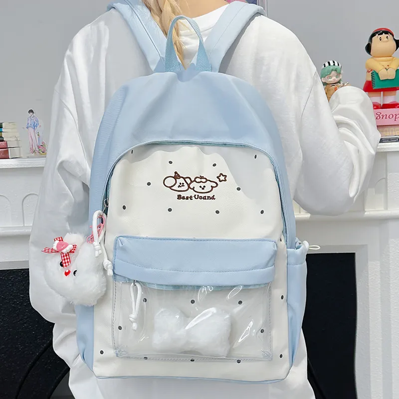Transparent Ita Backpack Cute Polka Dot School Bag Casual Daypack With Clear Window And Plush Pendant For Teen Girls