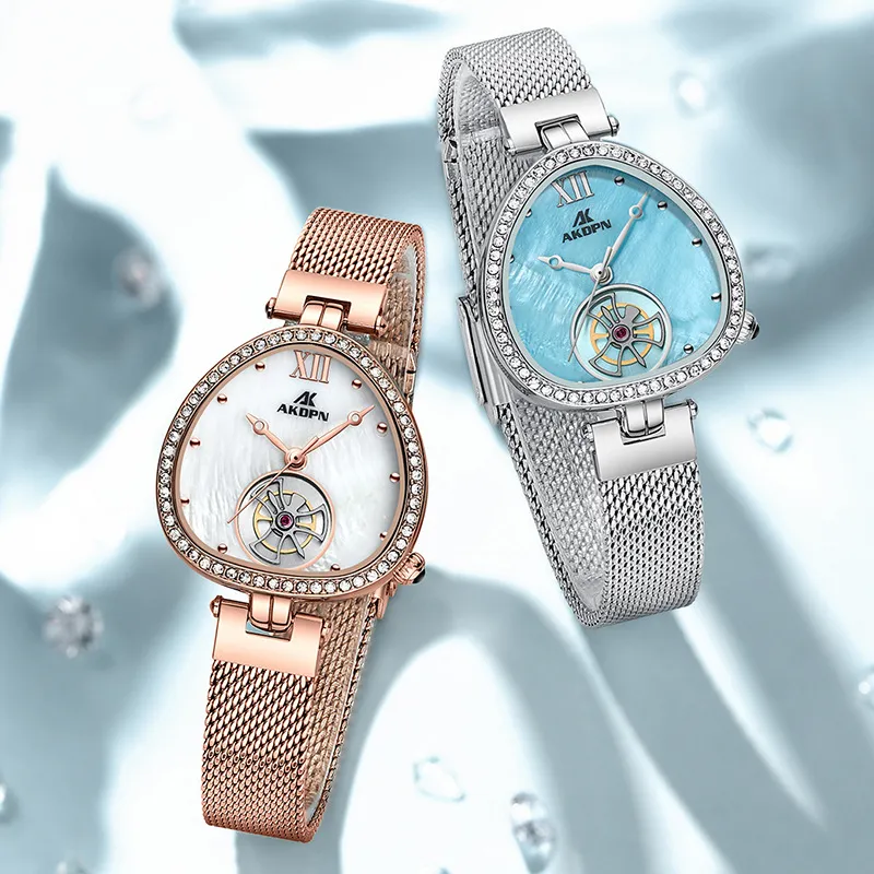 Damen Mode Quarzuhr Wasserdicht Edelstahl Mesh Armband Perlmutt Zifferblatt Strass Luxus Armbanduhr