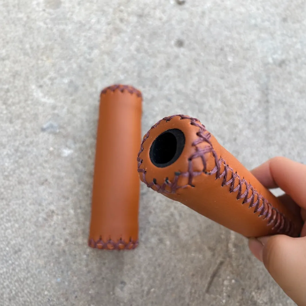 Bicycle Retro Hand-Stitched PU Leather Handlebar Grips Anti-Slip Soft Cycling Handle Grips For Folding Bike
