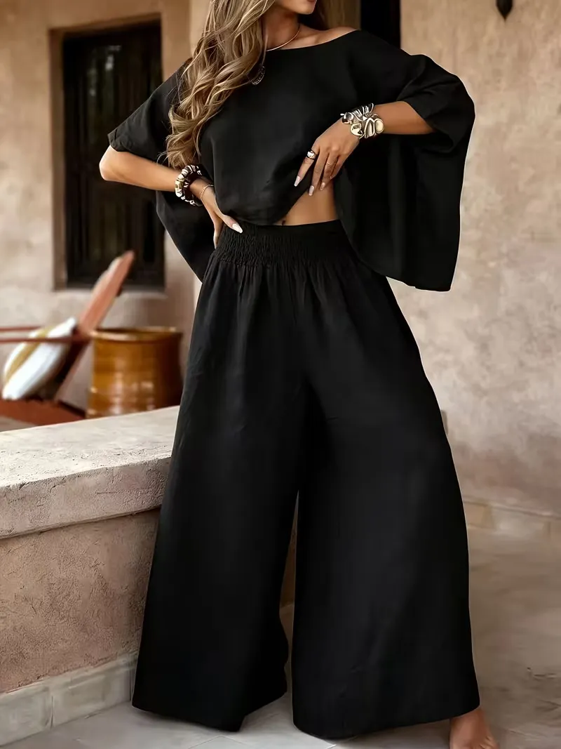 Women Casual Summer Two Piece Set Off Shoulder Short Sleeve Top And Wide Leg Pants Solid Color Pleated Lounge Set