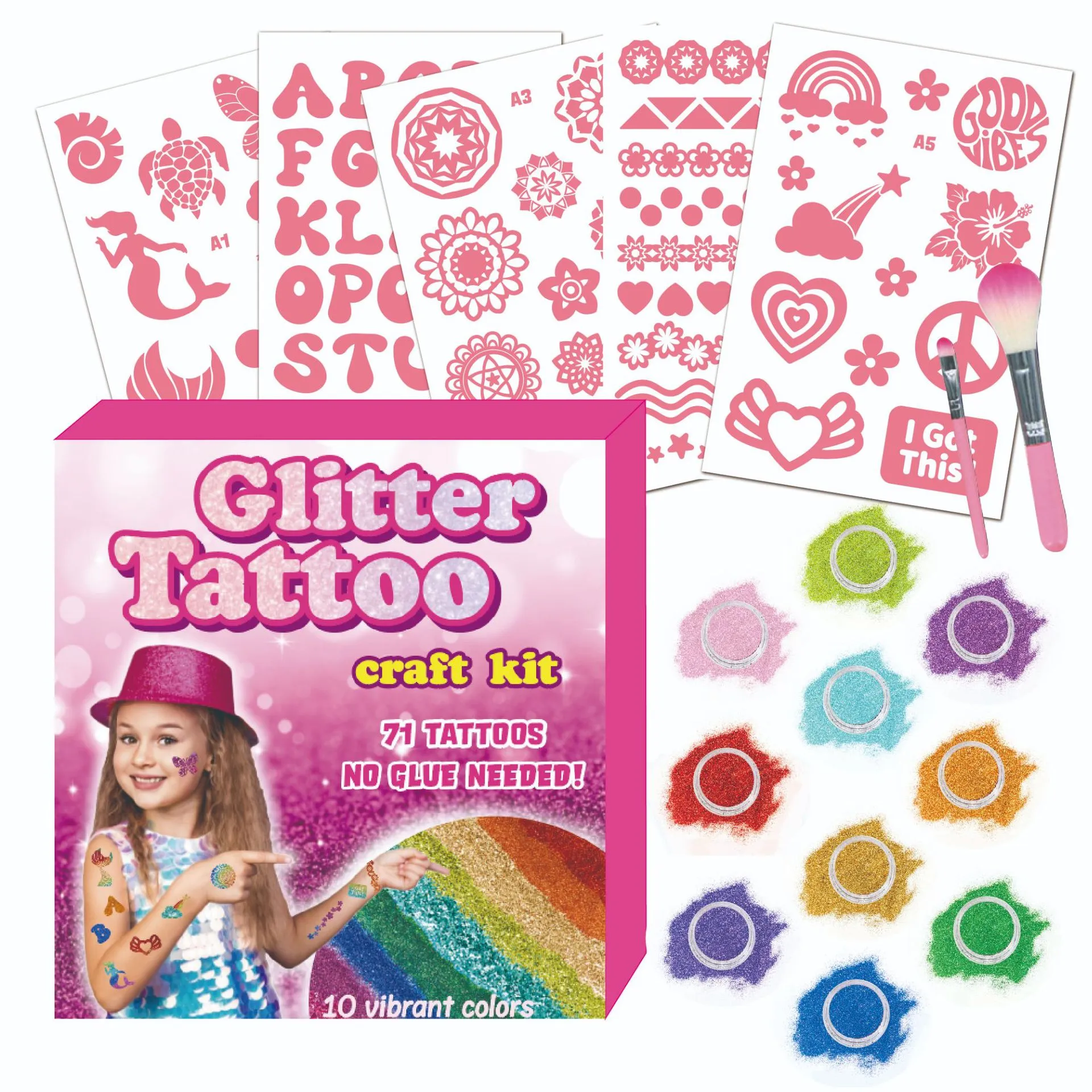 Kids Glitter Tattoo Kit Temporary Tattoo Set With 10 Colors Glitter Powder Stencils Brushes Body Art Party Supplies