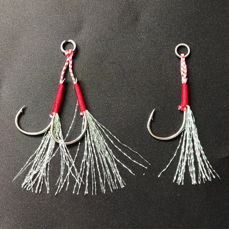 High Carbon Steel Fishing Hooks Assist Jigging Hook With Tinsel And Split Ring Silver Saltwater Fishing Tackle