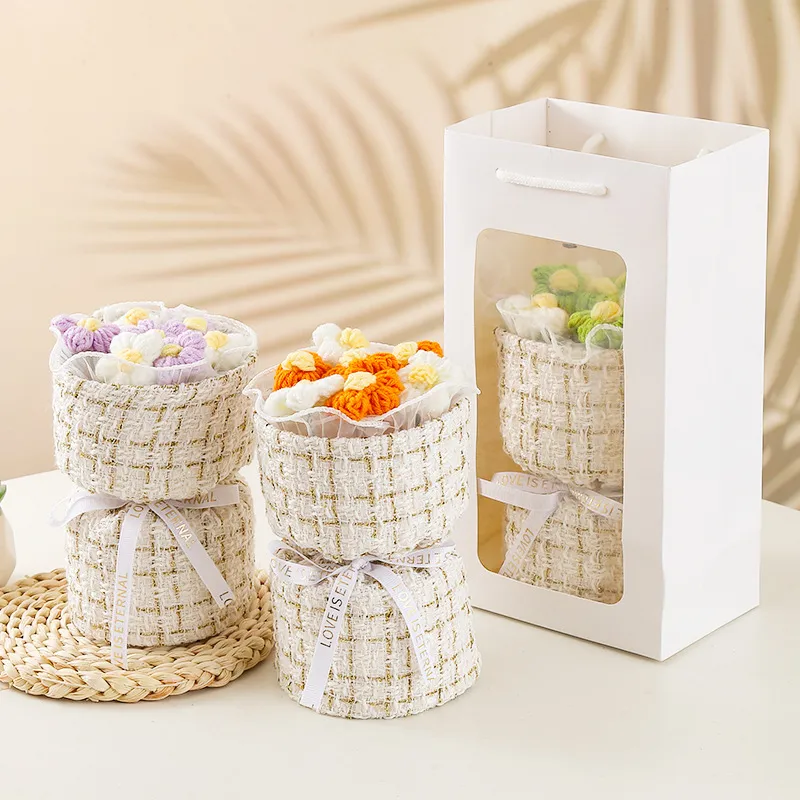 Ramo de Flores Puff de Lana Tejida Terminado Estilo Small Fragrance Regalo Floral de Ganchillo Hecho a Mano para Cumpleaños Decoración