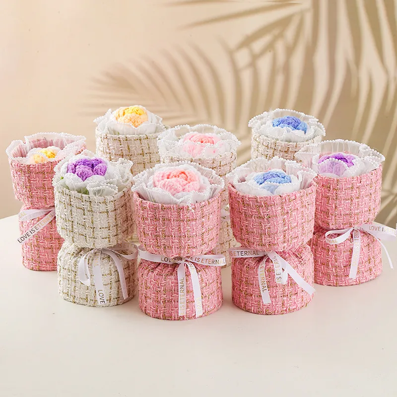 Handmade Knitted Rose Flower Bouquet Elegant Tweed Wrapping with Ribbon Gift for Girlfriend Mother Day Home Decor