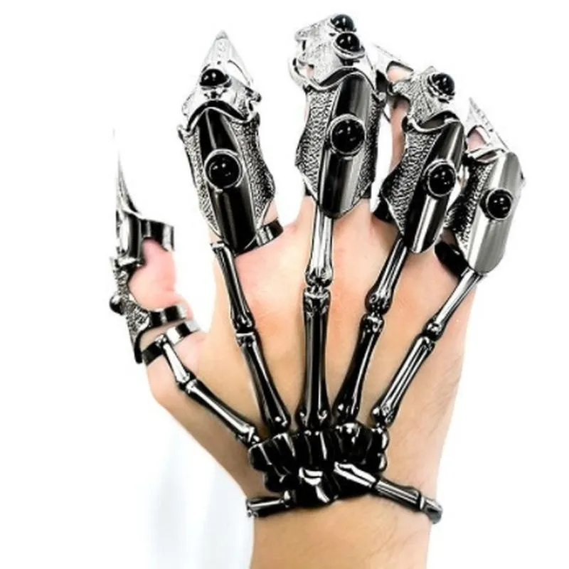 Gothic Punk Mechanical Armor Finger Ring Alloy Skeleton Hand Bracelet Set Adjustable Dark Style Party Jewelry