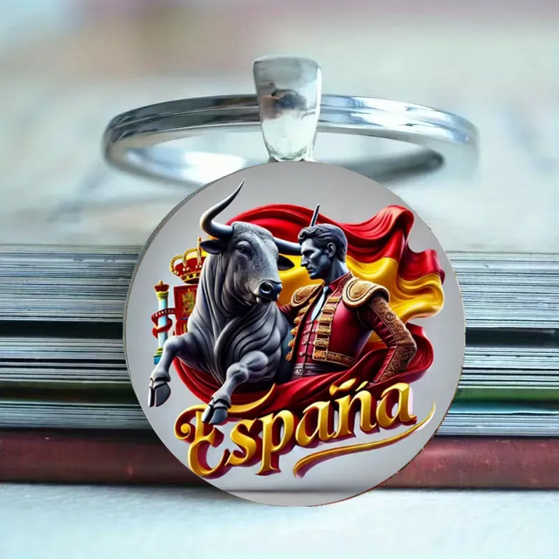 Spain Matador Bull Round Glass Cabochon Alloy Keychain Pendant Travel Souvenir Metal Key Ring Charm Decorative Jewelry