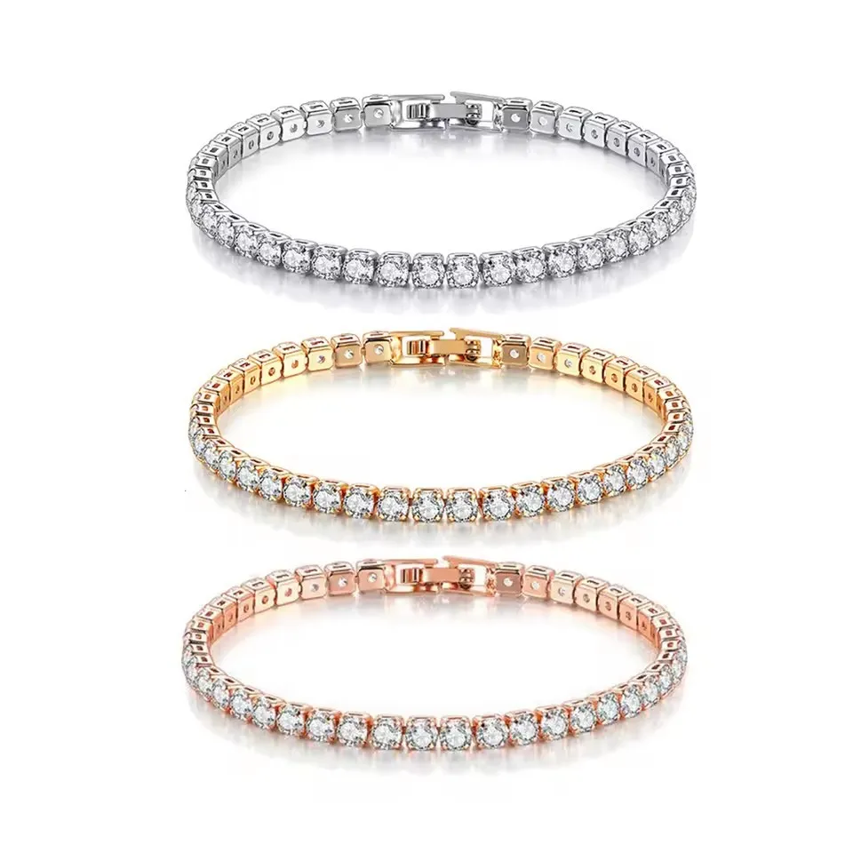 Hip Hop Einreihige Rund Zirkonia Tennis Armband Für Damen Herren Kupfer Vergoldet Klassisch Mode Handschmuck Geschenk