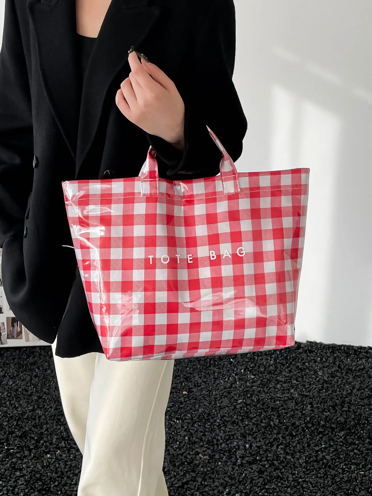 Women Large Capacity Checkered Tote Bag Waterproof Composite Material Handbag Fashion Letter Print Daily Shoulder Bag