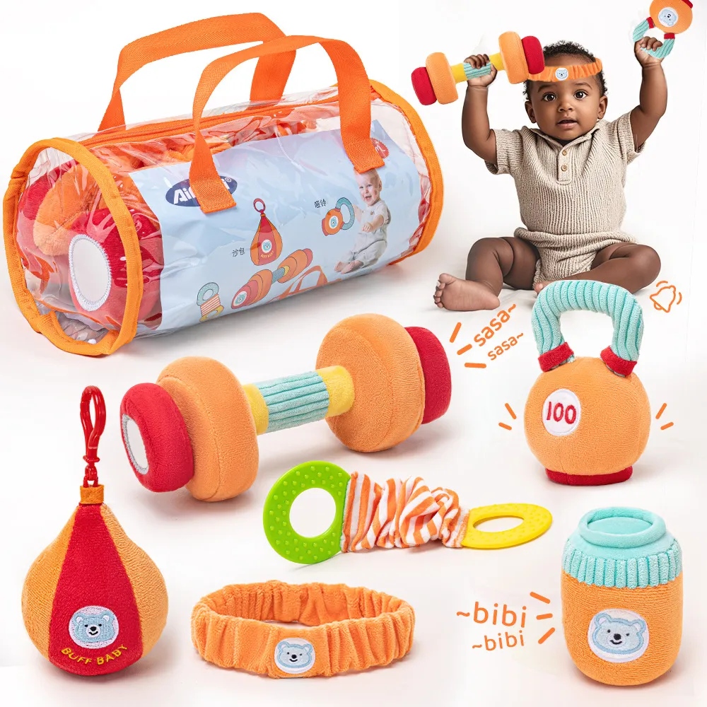 Baby Fitness Gym Toys Set Infant Sensory Development Plush Dumbbell Rattle Teether Grasping Training Toys For Newborns