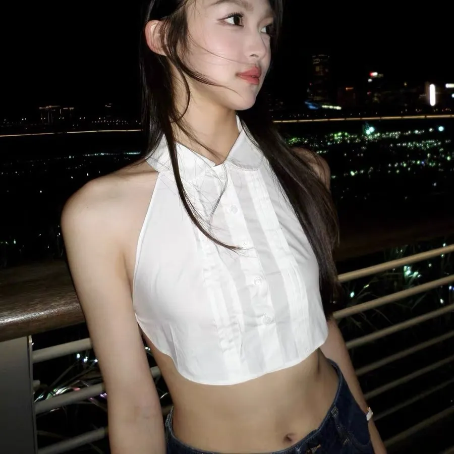 Women Sweet Backless Halter Top Cotton Woven Ruffle Peter Pan Collar Adjustable Strap Summer Sleeveless Blouse Shirt