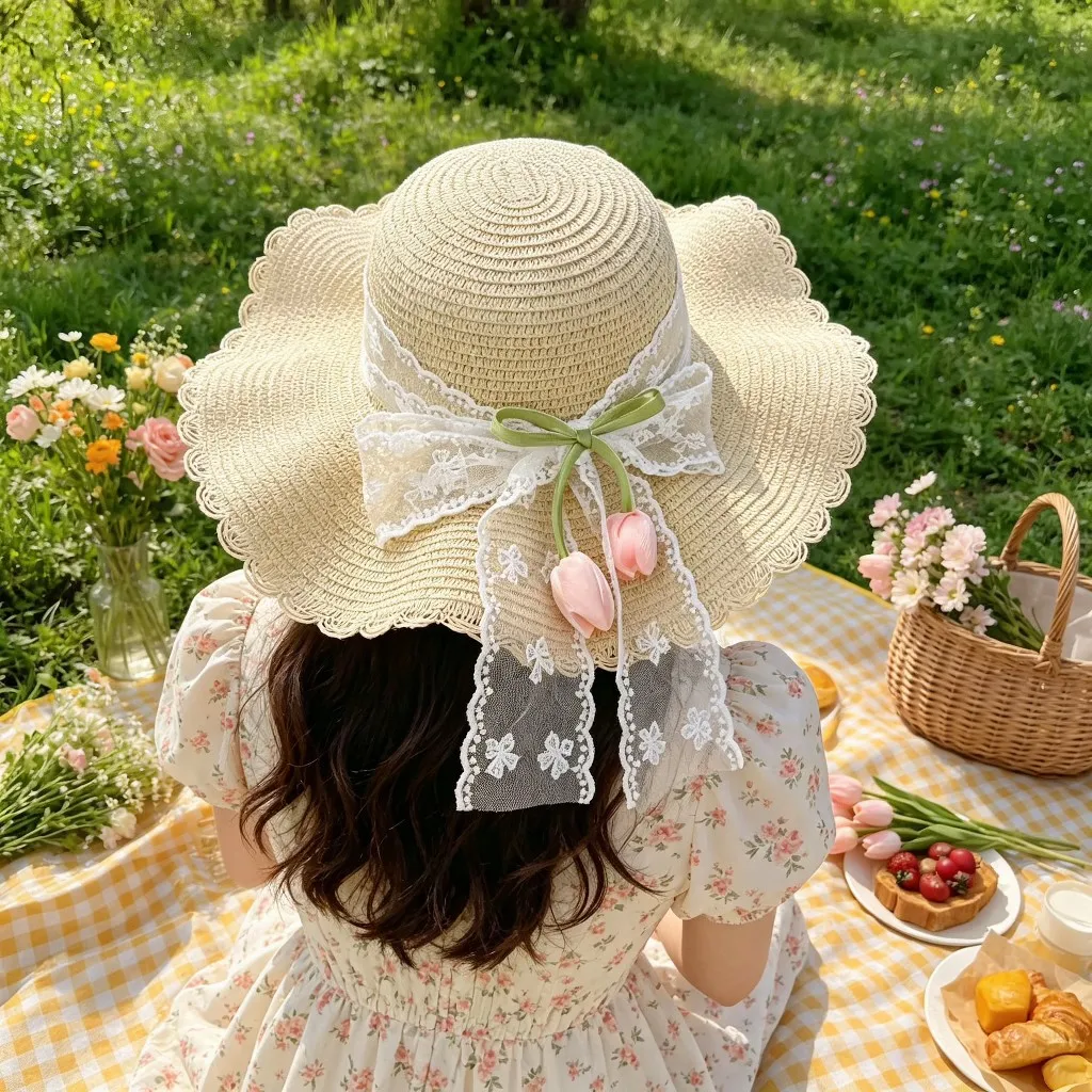 Cappello di Paglia da Donna Fiocco in Pizzo Francese Tesa Larga Ondulata Cappello da Sole Decorazione Tulipano Spiaggia Vacanza Chic Cappello di Paglia