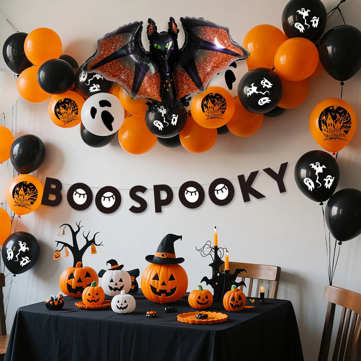Halloween Balloon Garland Arch Kit Black Orange Bat Witch Foil Balloons Latex Balloons Set For Party Classroom Decoration
