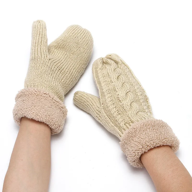 Winter Thickened Warm Knit Mittens Cable Knit Plush Cuff Cold Proof Windproof Gloves For Women Men Fashion Accessories