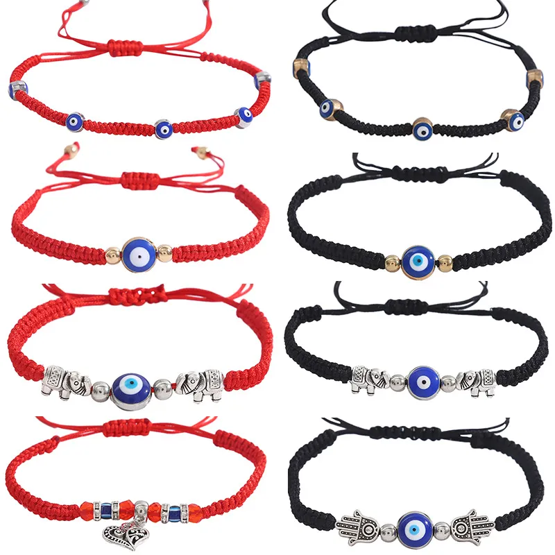 Bracelet Mauvais Œil en Corde Tressée Fait Main pour Homme Femme Réglable Protection Chanceux Cordon Rouge Noir Alliage Main de Fatma Éléphant Cœur Pendentif Bijoux