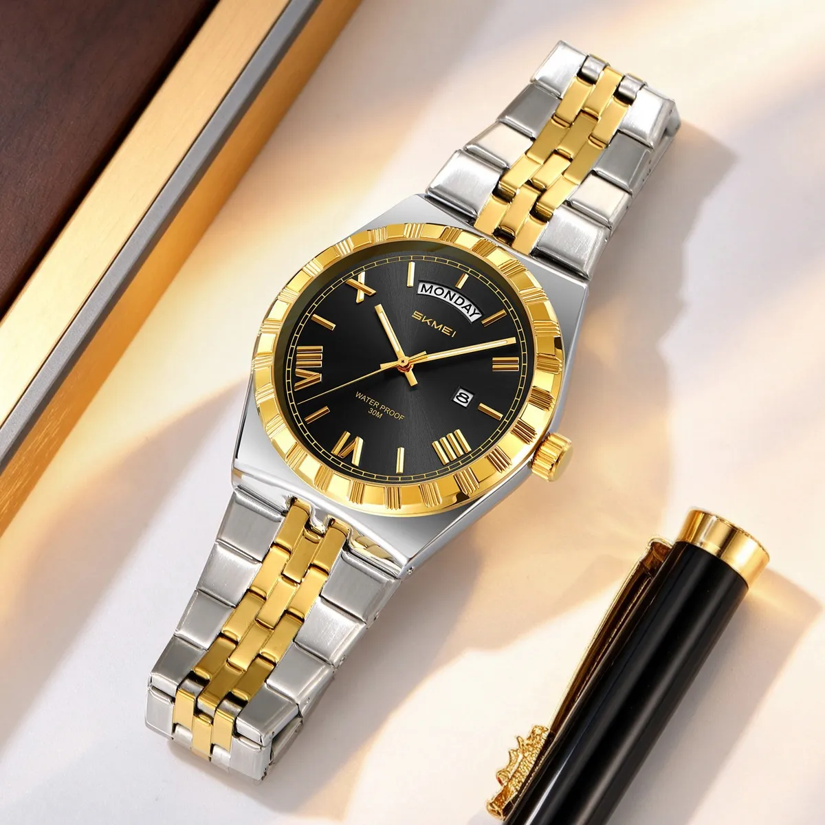 Orologio al Quarzo da Uomo Business Cinturino in Acciaio Inossidabile Impermeabile Doppio Calendario Numeri Romani Orologio Classico