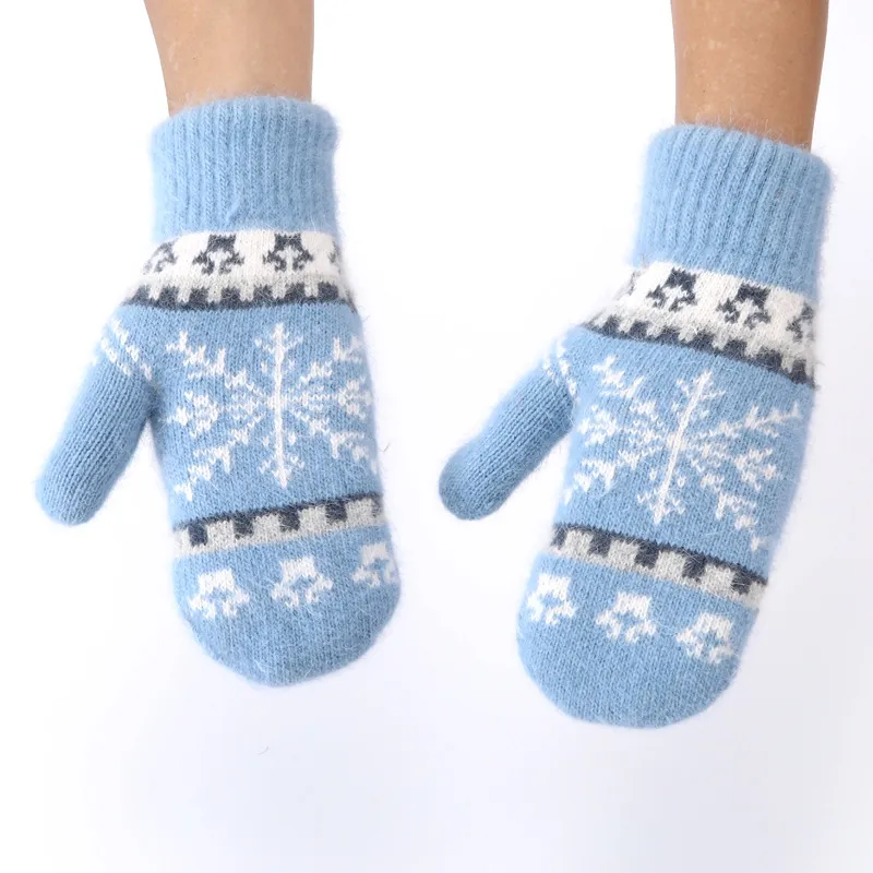 Women Winter Warm Rabbit Fur Gloves Cute Snowflake Jacquard Thickened Plush Mittens Casual Cold Weather Gear
