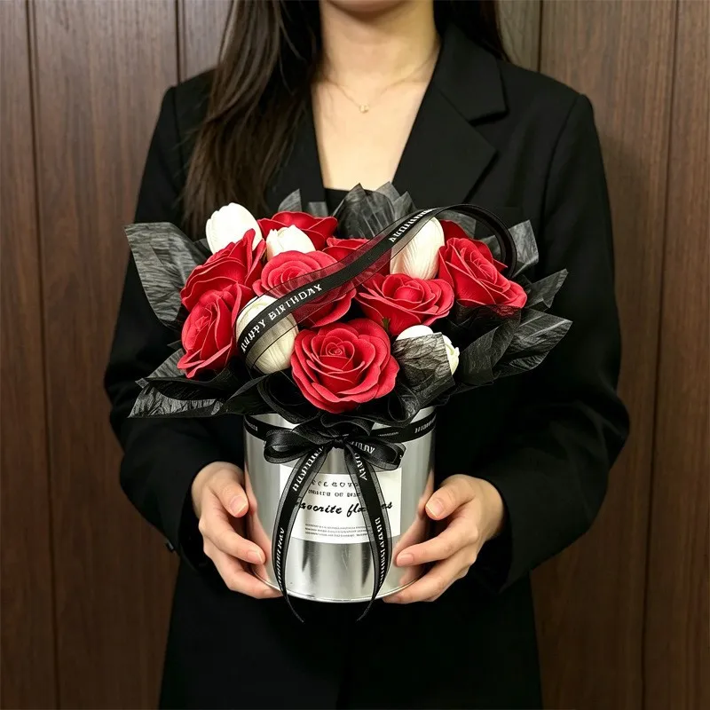 Artificial Soap Flower Rose Tulip Bouquet Gift Box With Ribbon For Women Birthday Wedding Valentine's Day