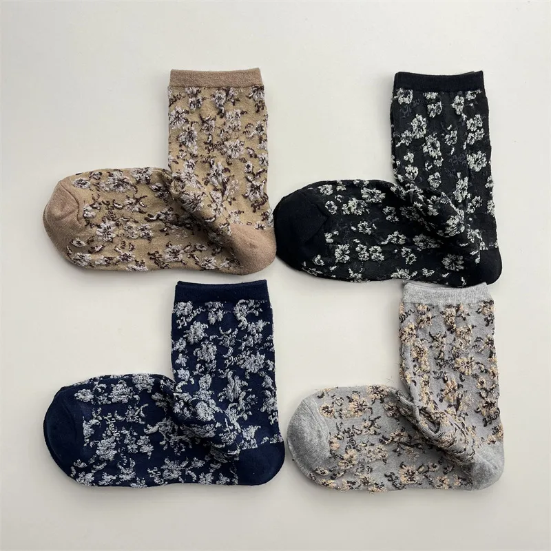 Retros Style 3D Embossed Floral Crew Socks Women Autumn Winter Japanese Cotton Breathable