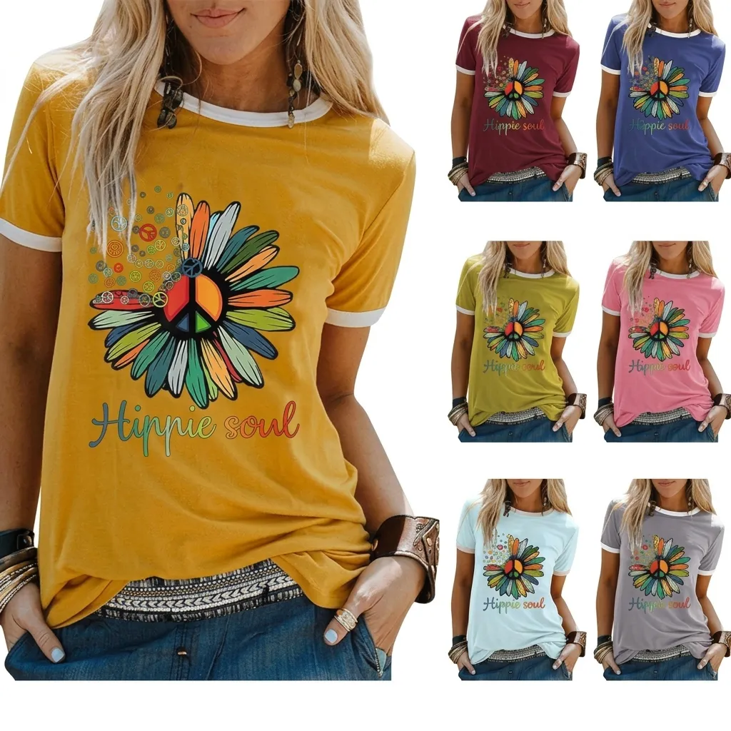 Maglietta da Donna Retro Hippie Soul con Stampa Girasole e Bordo a Contrasto Girocollo Manica Corta in Cotone Vestibilità Comoda