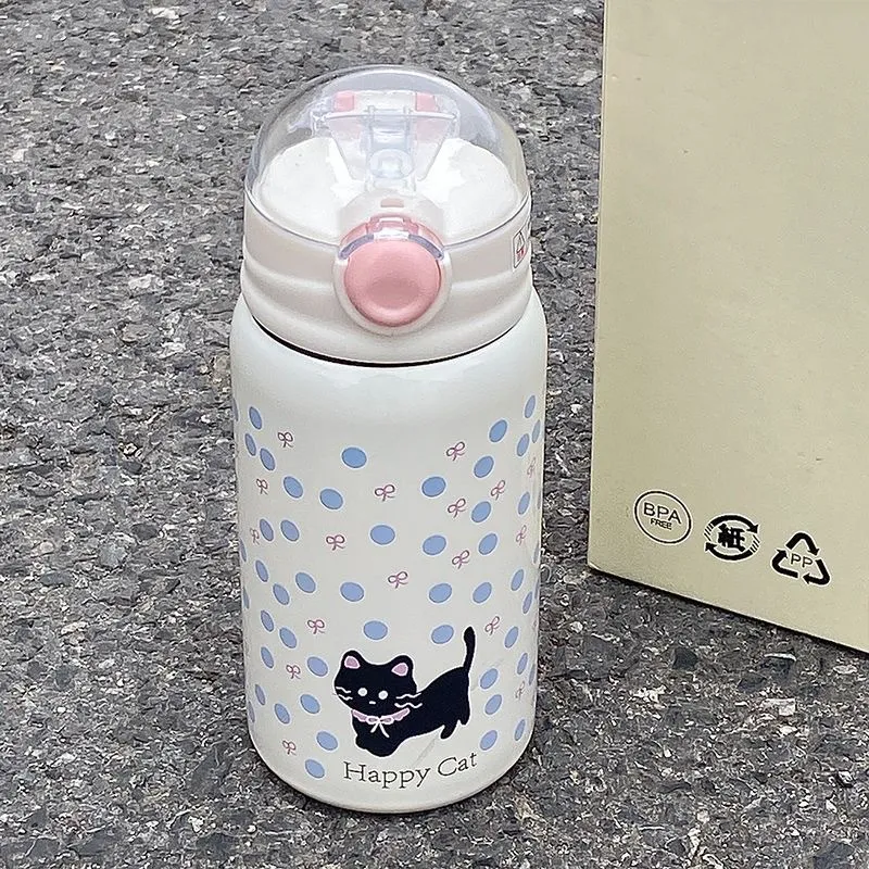 Stainless Steel Vacuum Insulated Water Bottle Cute Cat Pattern Portable Travel Tumbler With Straw And Lid