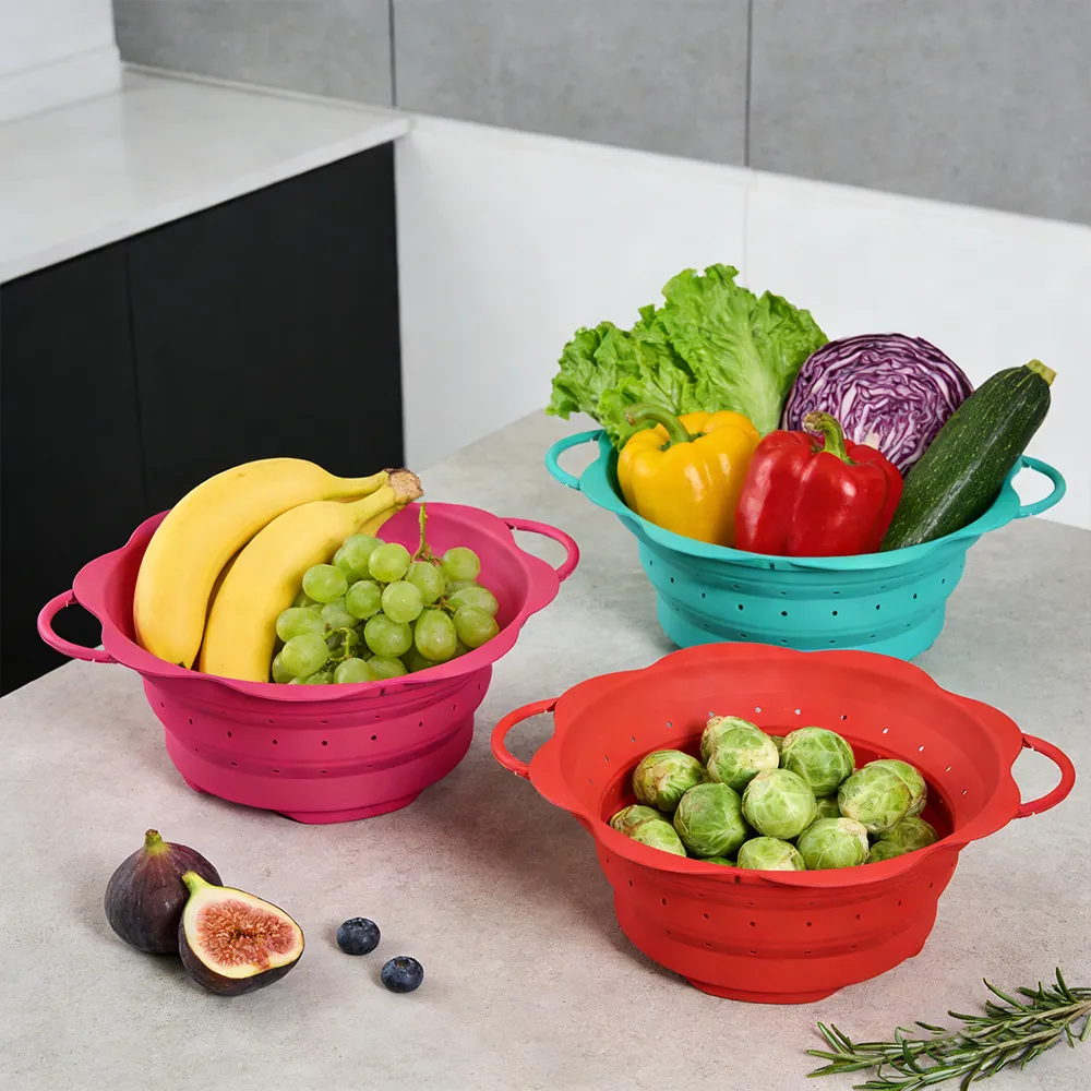 Collapsible Silicone Colander Foldable Kitchen Strainer Round Washing Basket Fruit Vegetable Drainer Portable Food Basket
