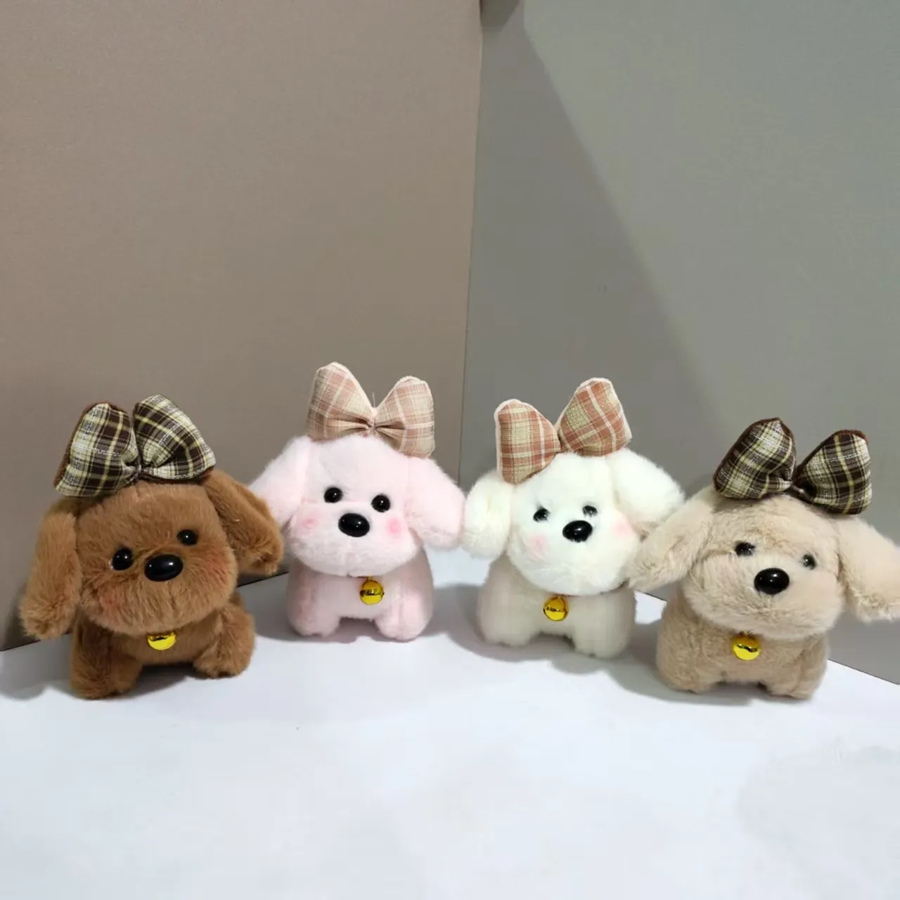 Cute Cartoon Plush Dog Keychain Soft Puppy Toy Pendant With Bow Knot And Gold Bell Backpack Ornament Hanging Charm Gift For Friends