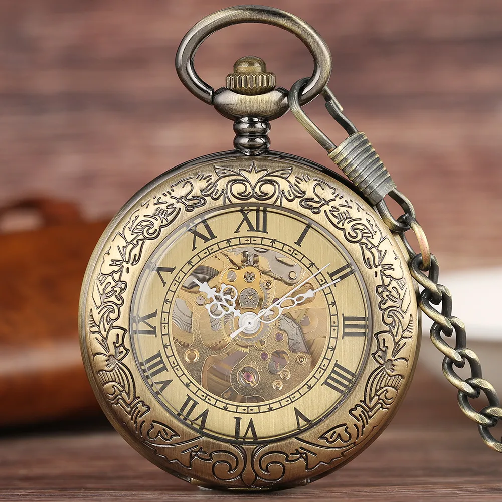 Vintage Hollow Carved Mechanical Pocket Watch Roman Numerals Antique Bronze Silver Black Zinc Alloy Watch With Chain