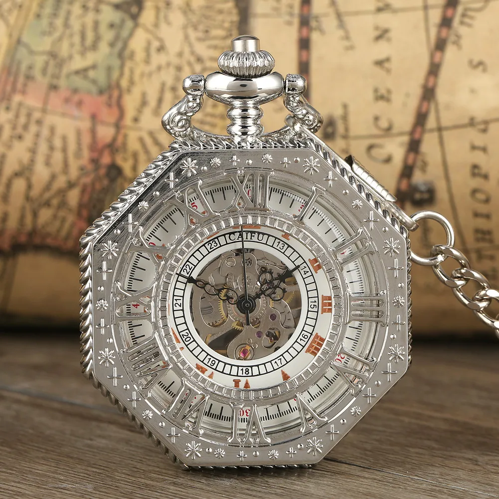 Retro Vintage Octagonal Hollow Mechanical Pocket Watch Roman Numerals Dial With Metal Chain Unisex Classic Gift