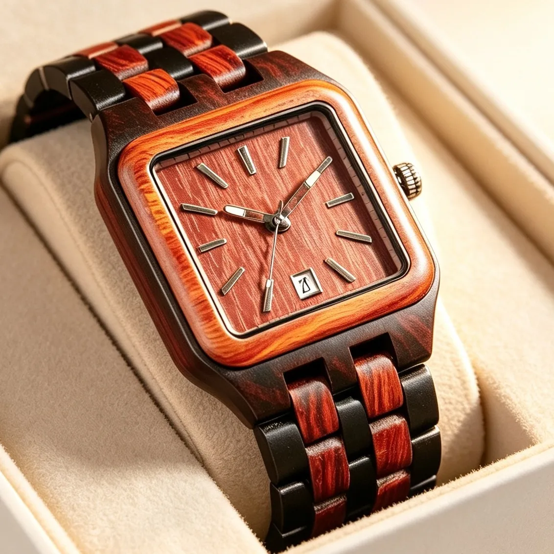 Men's Wooden Quartz Watch Casual Square Dial Sandalwood Wristwatch with Date Display and Stainless Steel Folding Clasp
