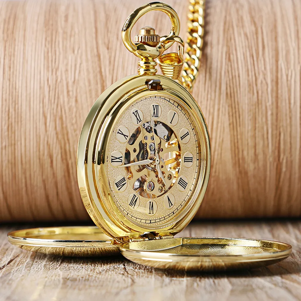 Vintage Manual Mechanical Pocket Watch Hollow Roman Numerals Double Cover Pocket Watch With Chain For Men Women