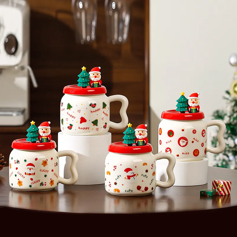 Tasse en Céramique de Noël Créative Avec Couvercle et Paille Jolie Tasse à Café de Vacances Tasse d'Eau Festive Bureau Cadeau de Noël