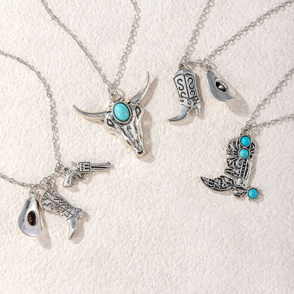 Vintage Western Cowboy Zinc Alloy Pendant Necklace For Men Retro Boot Hat Pistol Bull Head Rhinestone Accent Necklace Fashion Jewelry Gift