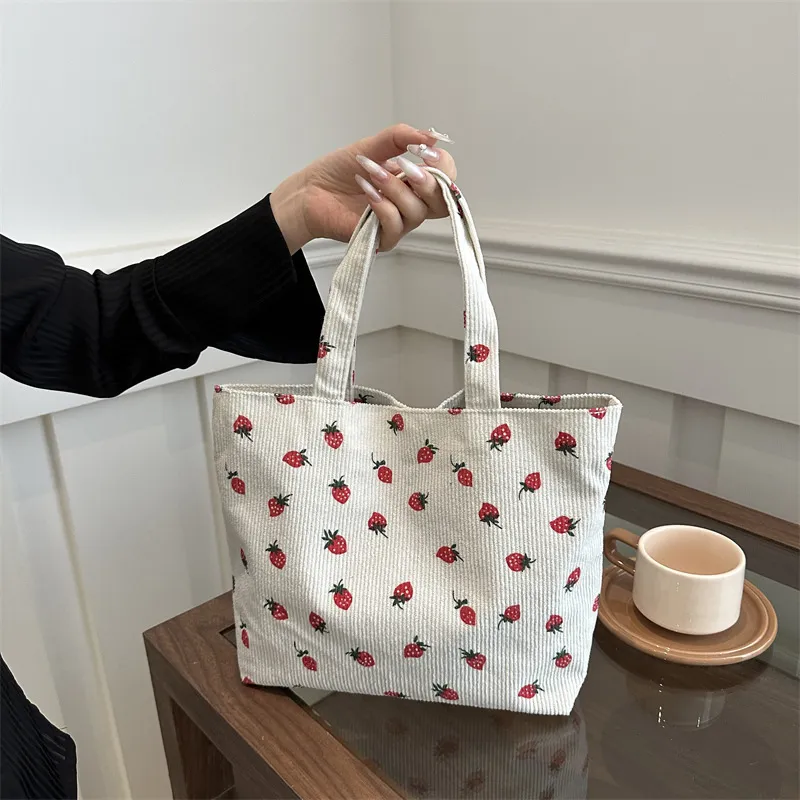 Dames Corduroy Aardbei Print Totebas Stedelijk Minimalistisch Grote Capaciteit Schoudertas Magneetsluiting Handtas