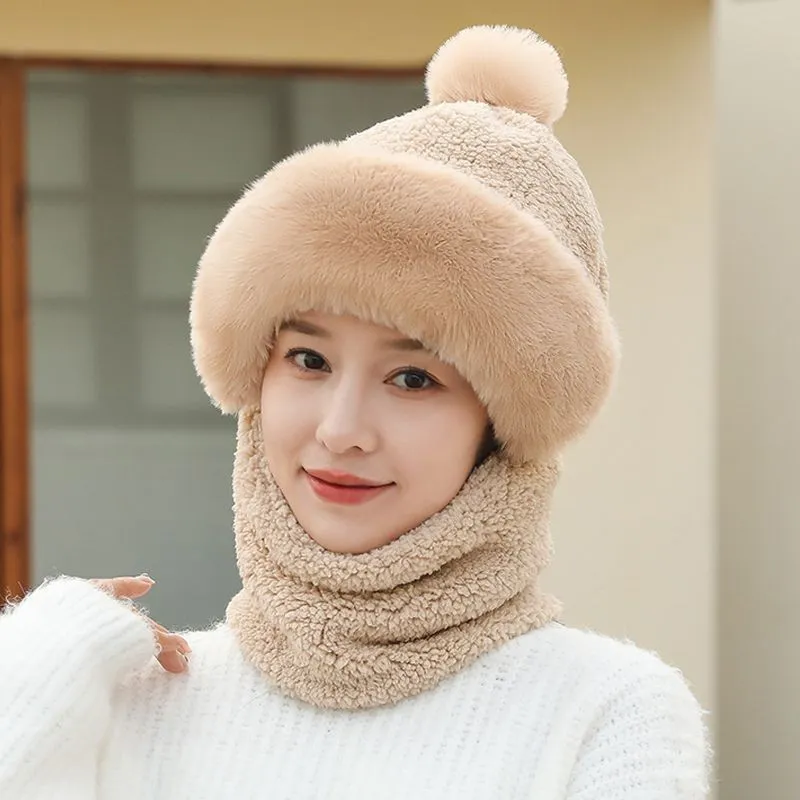 Gorro Cálido Tejido de Lana de Alpaca Integrado para Mujer Con Pompon Invierno Grueso A Prueba de Viento Bufanda Pasamontañas