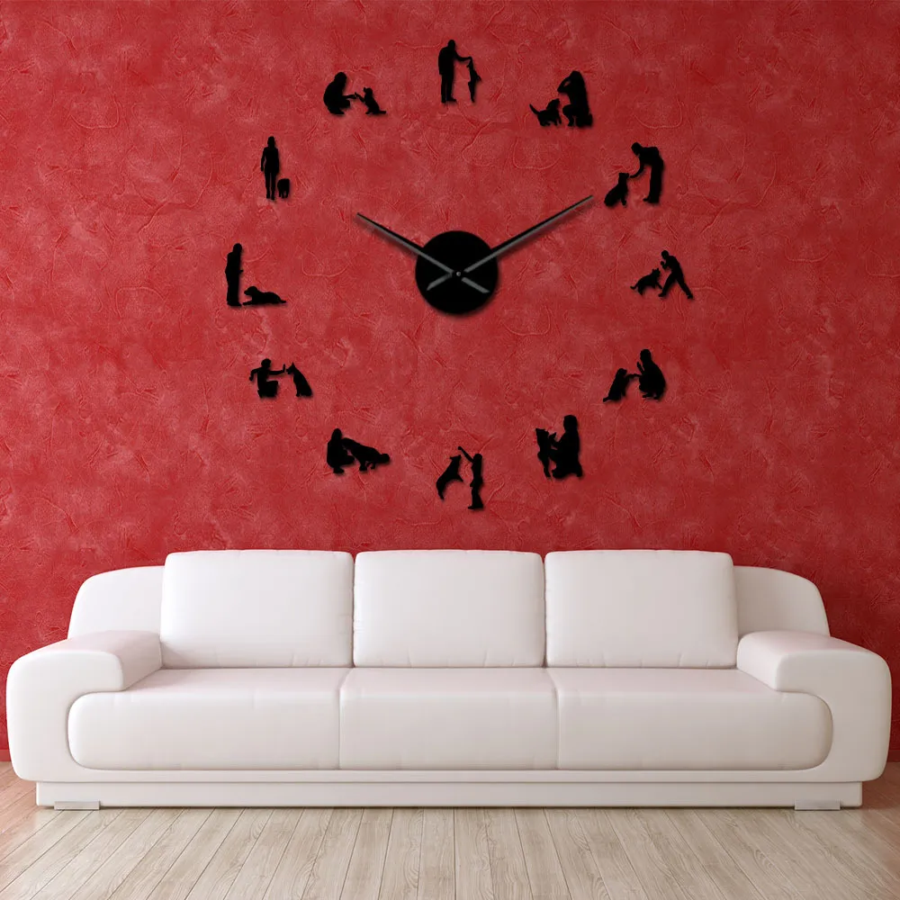 Reloj de Pared de Espejo Acrílico 3D DIY Adhesivo de Pared de Silueta de Perro y Dueño Estilo Europeo Reloj Decorativo Grande para Sala de Estar