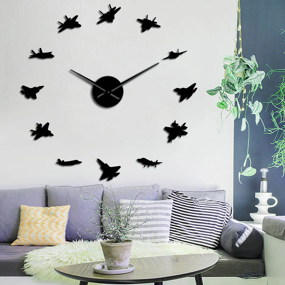 3D Acrylic Mirror Wall Clock Fighter Plane DIY Wall Sticker Modern European Style Living Room Home Decor Art Clock