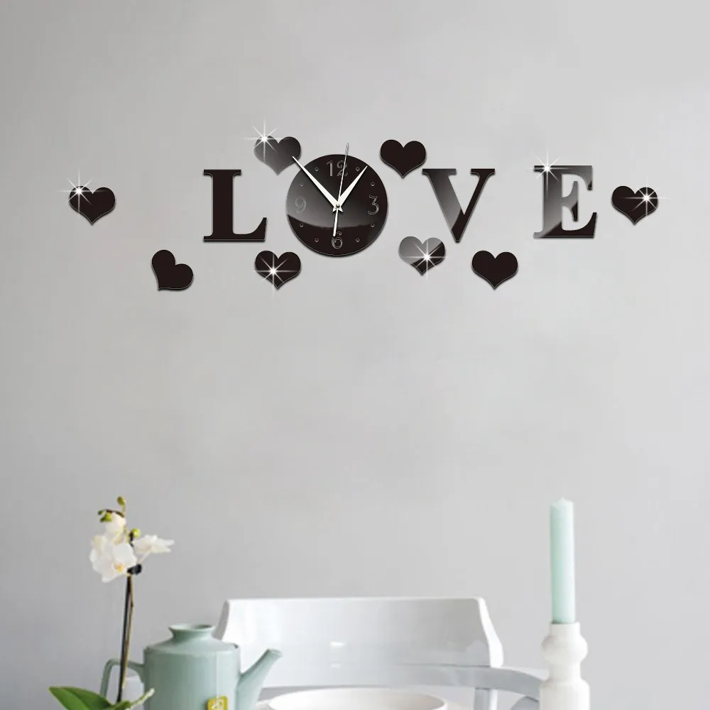 Acrylic Love Letter Mirror Wall Clock DIY Removable Wall Sticker Quartz Silent Clock For Living Room Bedroom Home Decor