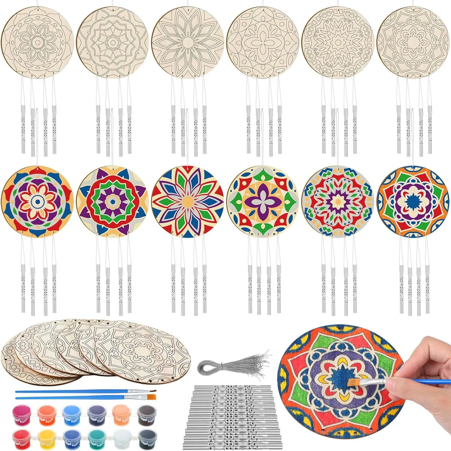 Kit Campanello e Vento Pittura Mandala in Legno DIY Bambini Fette di Legno Dipinte a Mano Set Artigianale per Decorazione Casa
