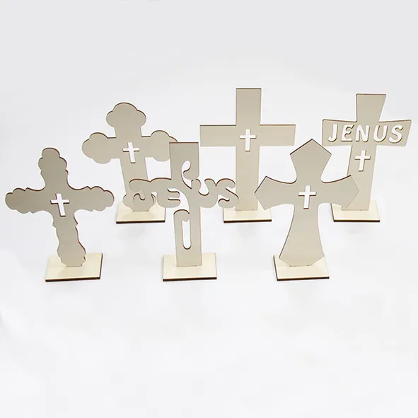 Hölzerne Kreuz Ornamente Tischdekoration Religiöses Handwerk Mit Ständer DIY Holz Kreuz Stücke Für Heimdekoration