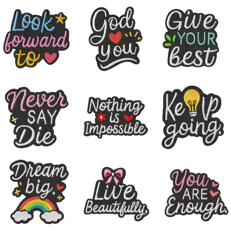 Exquisites Englisches Buchstaben Stickerei Bügelbilder Motivierende Zitate Gesticktes Abzeichen Für Kleidung Tasche DIY Dekor